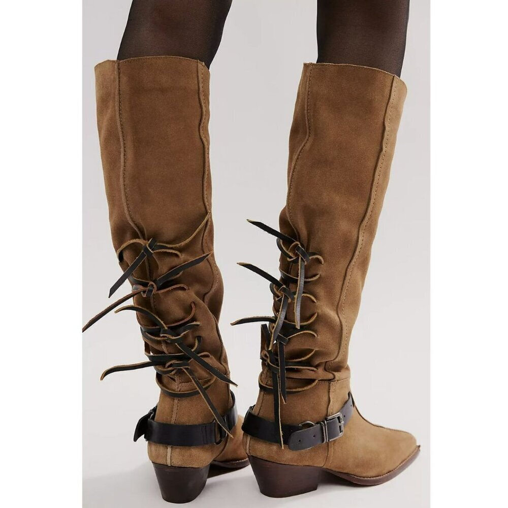 Free People $198 Back Lace Sway Military Taupe Suede Knee High Sz 8.5 - Picture 3 of 12